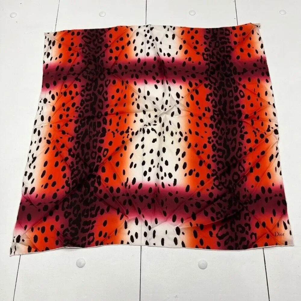 Dior Red White Leopard Printed Square 70 Scarf Women One Size NEW *